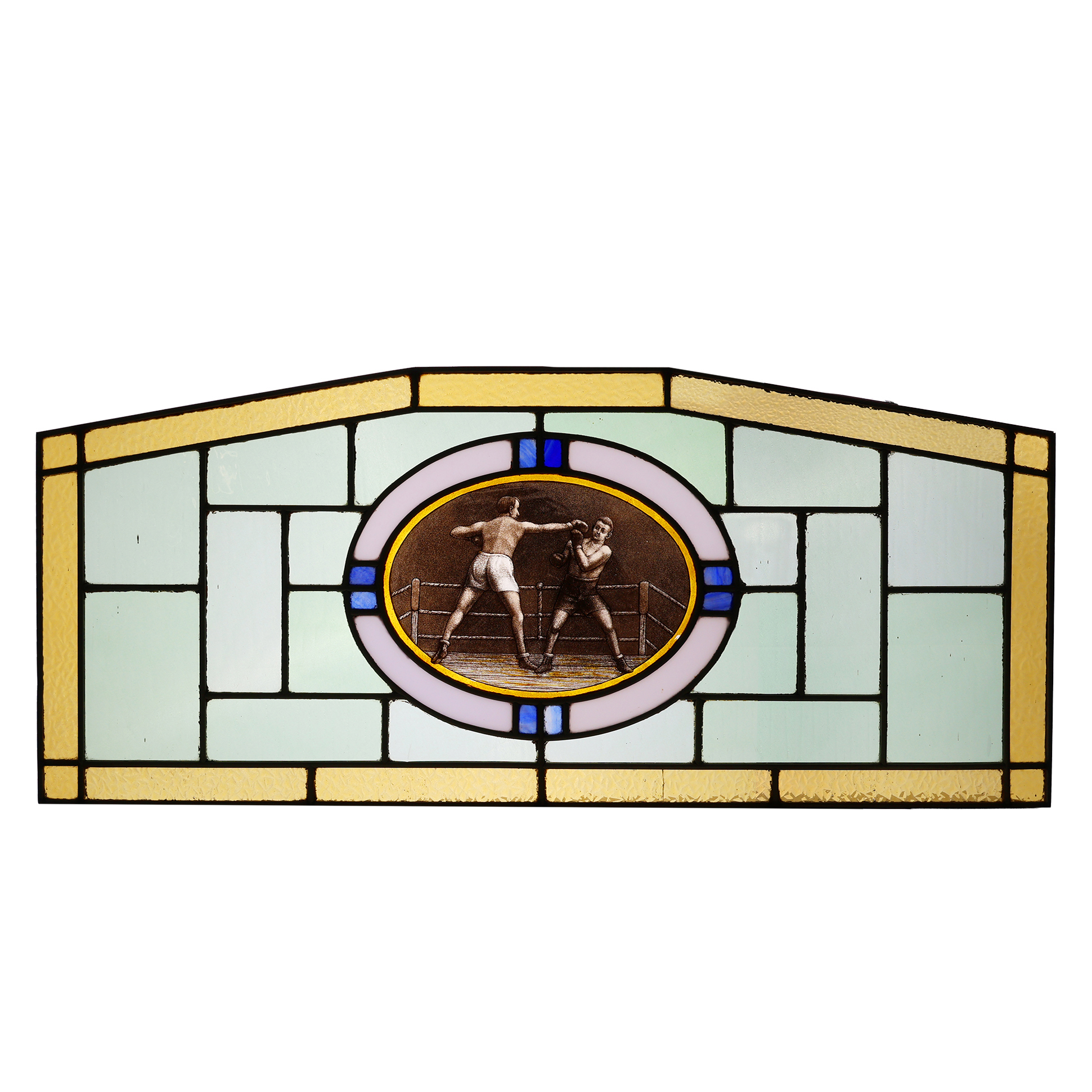 Art Deco Stained Glass Panel Depicting a Boxing Match, Belgium ca. 1910-img